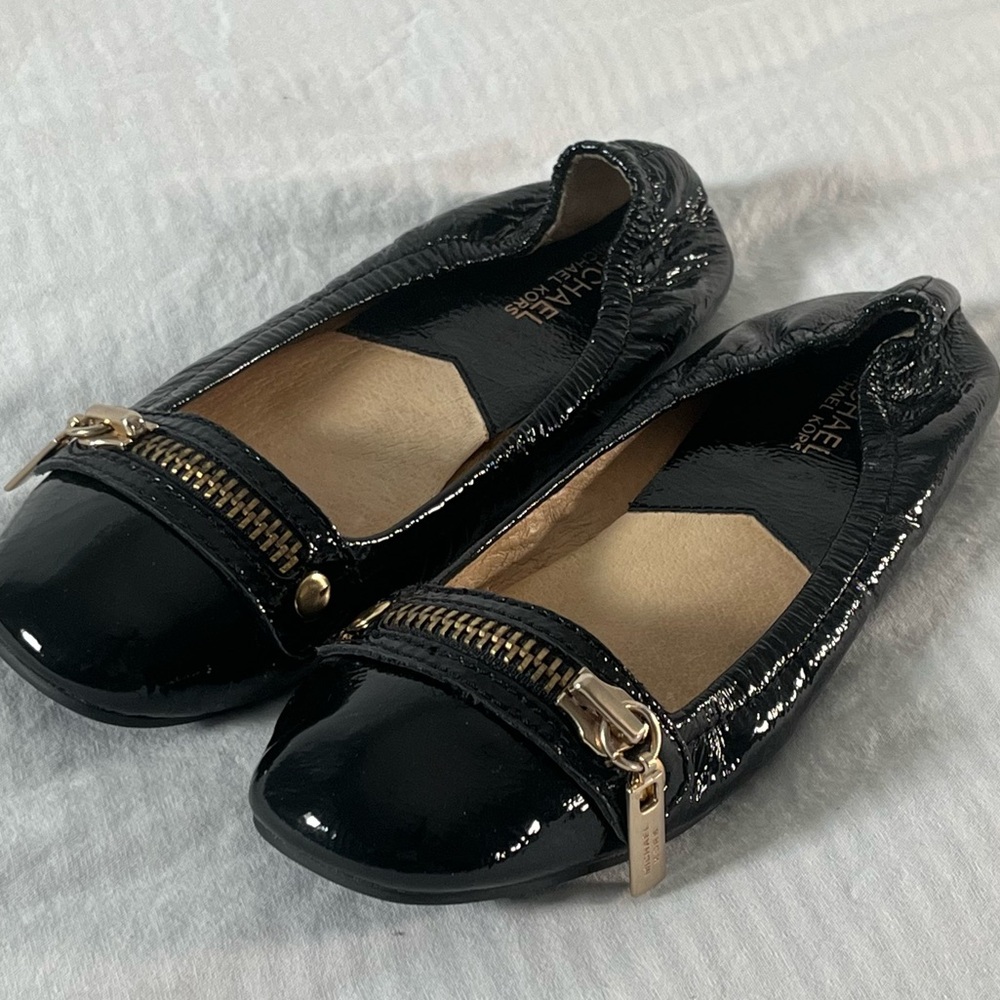 Michael Kors Black Patent Leather Zip-Trim Ballet Flats